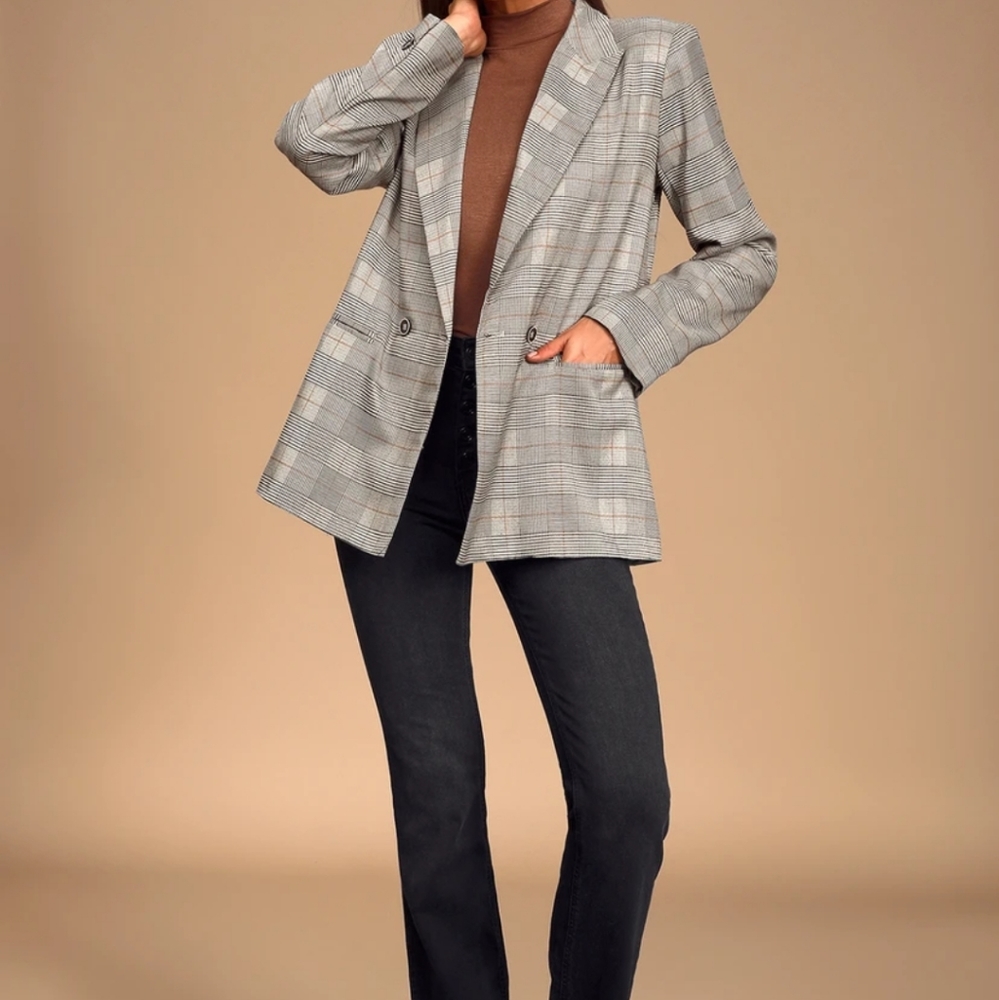 Grey Plaid Double Breasted Blazer